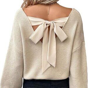 Women's Bow Cable Knit Sweater Long Sleeve Backless V Neck Fall Chunky Pullover